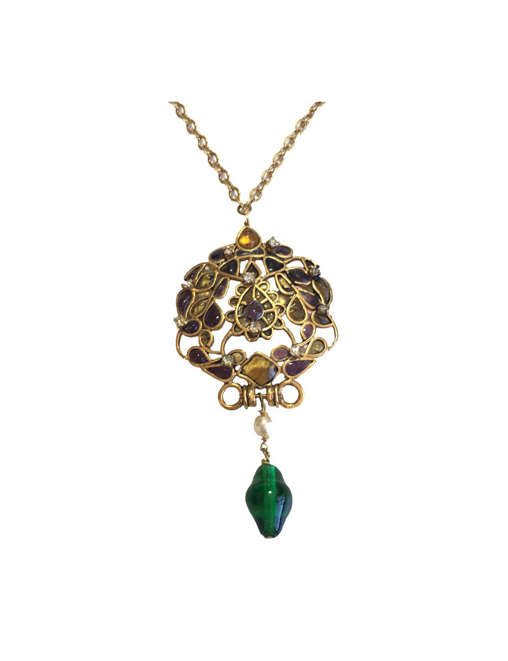 Pendentif MARGUERITE de VALOIS en métal or vieilli, pâte de verre et strass