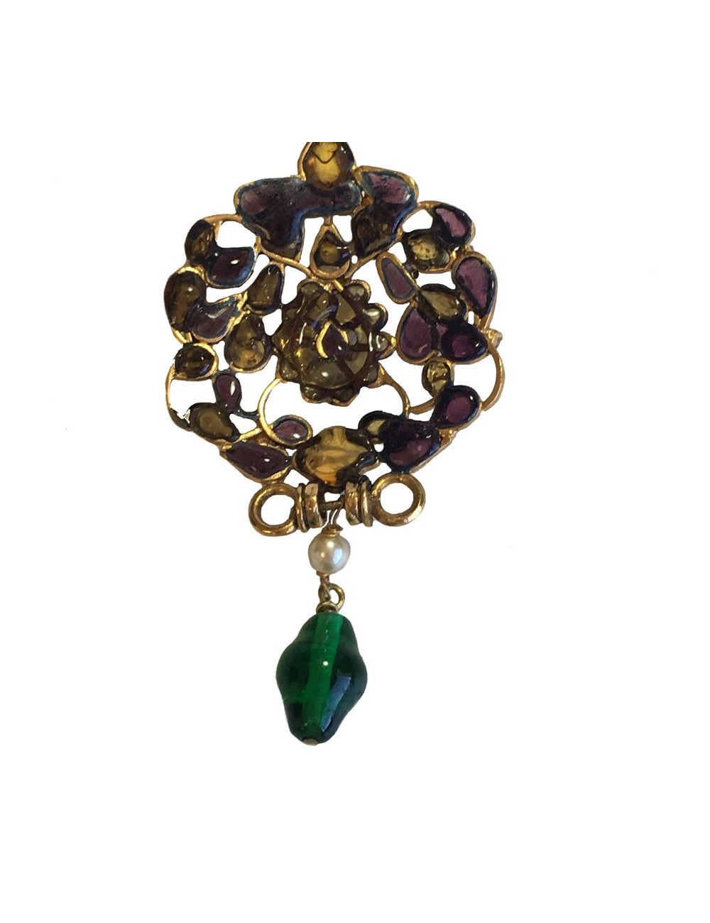 Pendentif MARGUERITE de VALOIS en métal or vieilli, pâte de verre et strass