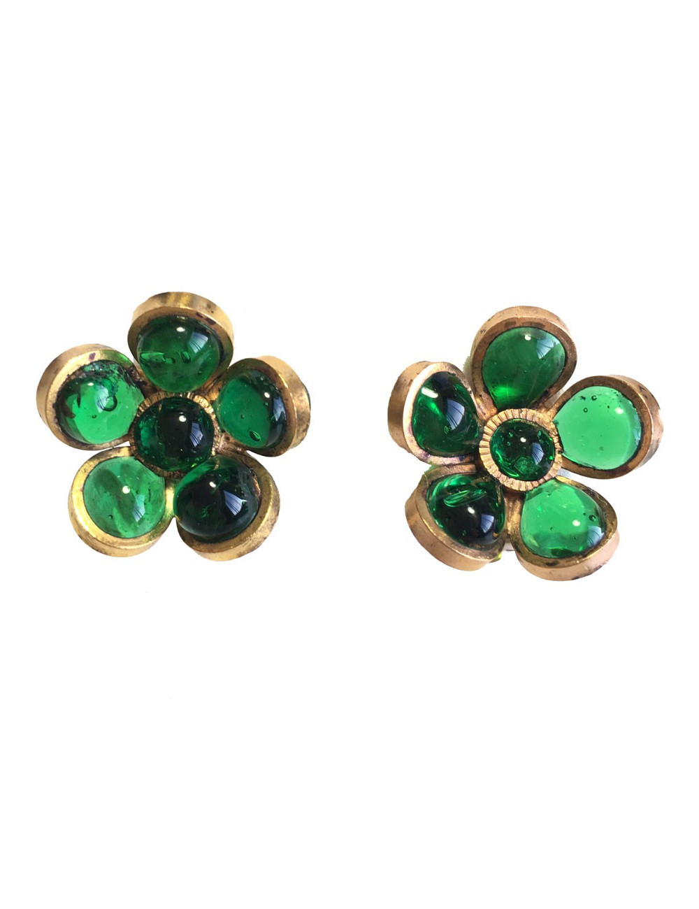Boucles d'oreille clips MARGUERITE de VALOIS fleurette en pâte de verre couleur émeraude