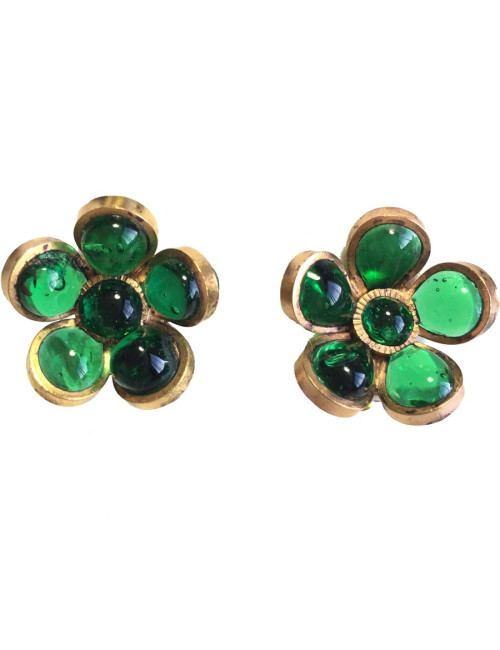 Boucles d'oreille clips MARGUERITE de VALOIS fleurette en pâte de verre couleur émeraude