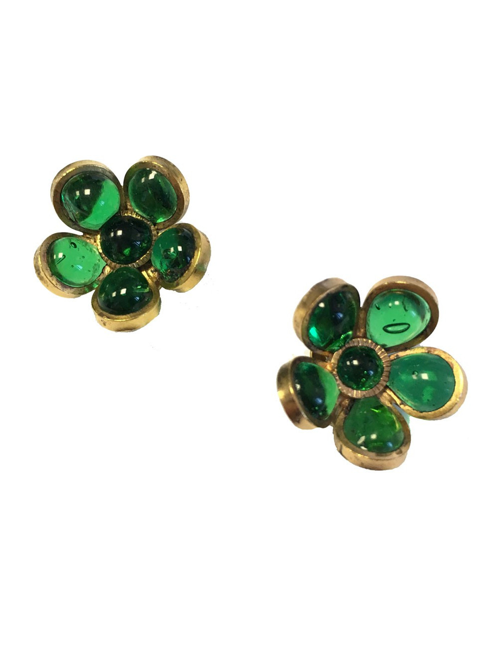 Boucles d'oreille clips MARGUERITE de VALOIS fleurette en pâte de verre couleur émeraude