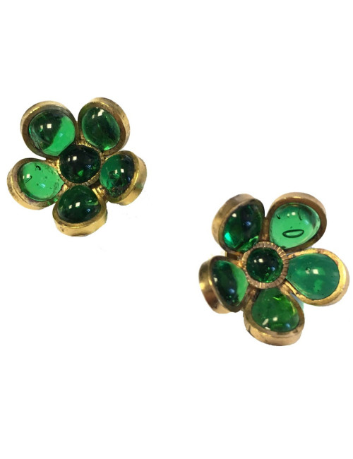Boucles d'oreille clips MARGUERITE de VALOIS fleurette en pâte de verre couleur émeraude