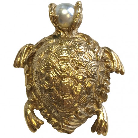 Broche YVES SAINT LAURENT tortue en métal doré et perle nacrée