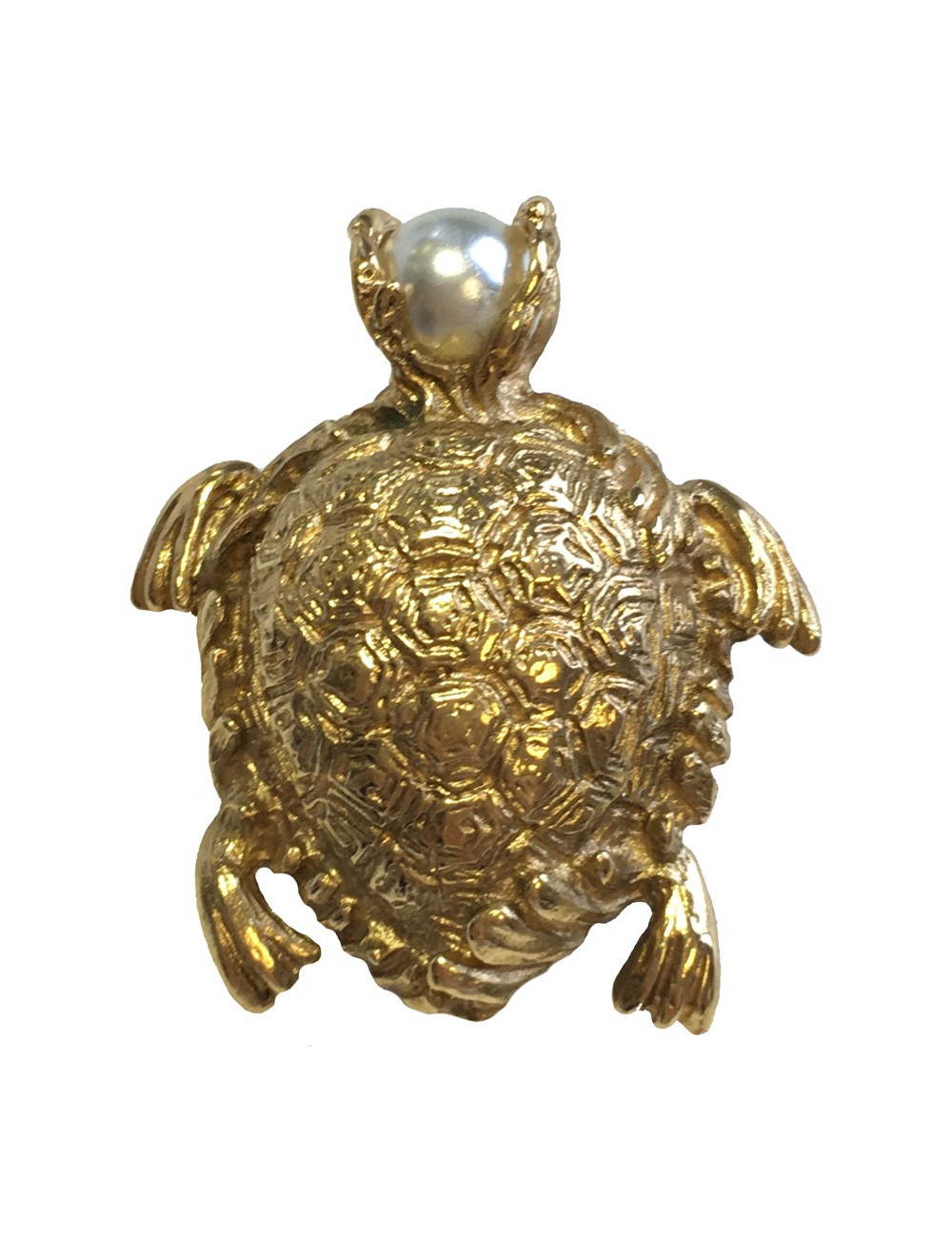 Broche YVES SAINT LAURENT tortue en métal doré et perle nacrée