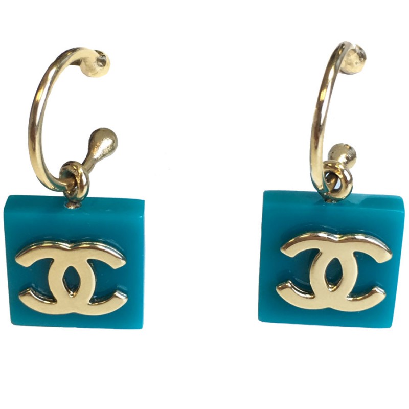 CHANEL stud earrings in turquoise square shape with a golden CC - VALOIS  VINTAGE PARIS