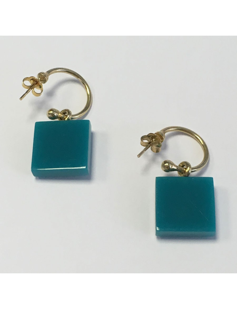 Boucles d’oreilles clous CHANEL carré turquoise et CC dorés