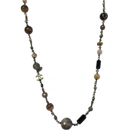 Sautoir CHANEL perles brunes, mauves et noires