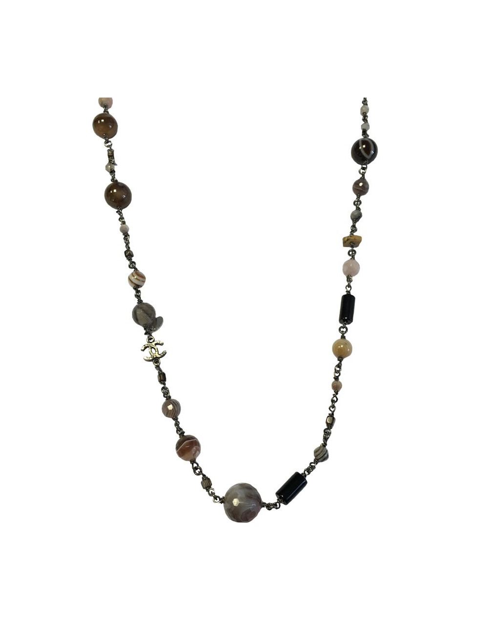 Sautoir CHANEL perles brunes, mauves et noires