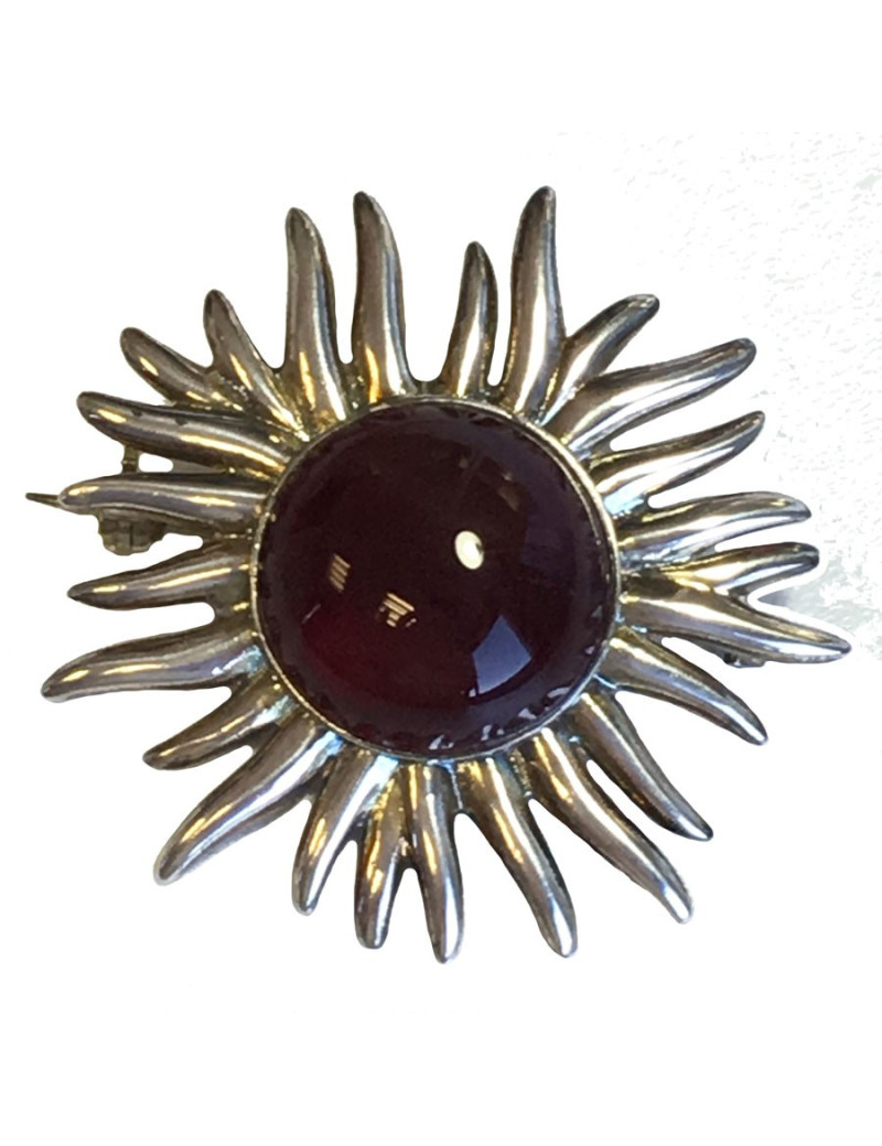Broche BALMAIN soleil Vintage en métal argenté et pâte de verre grenat