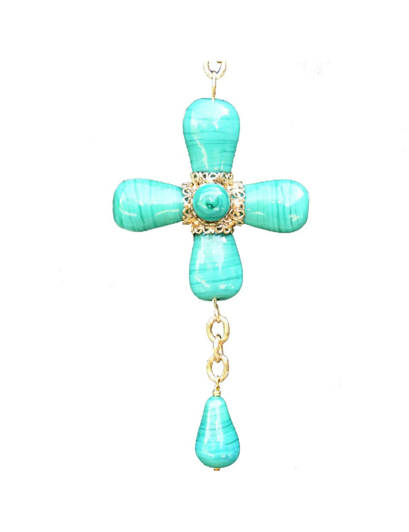 Collier Croix MARGUERITE DE VALOIS pâte de verre vert jade