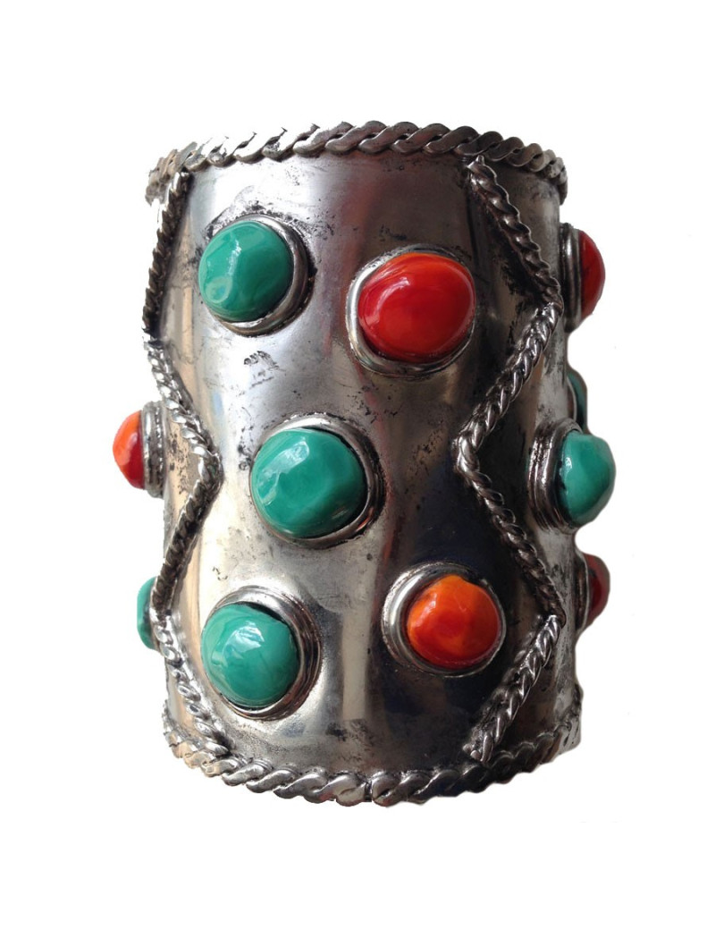 Manchette corail et turquoise MARGUERITE DE VALOIS cabochons pâte de verre et métal argenté