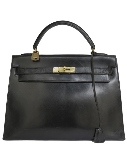 Sac Kelly 32 HERMES cuir box noir piqûres sellier 