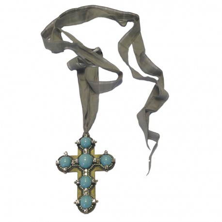 Collier LANVIN croix turquoise et strass de swarowski