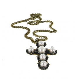 Sautoir croix LANVIN en métal cuivré et perles nacrées