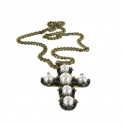 Sautoir croix LANVIN en métal cuivré et perles nacrées