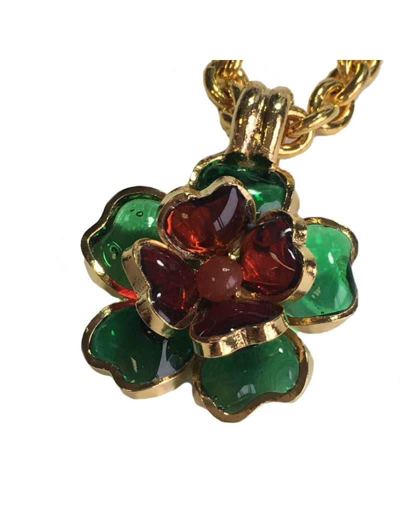 Collier MARGUERITE DE VALOIS fleurette en pâte de verre émeraude et ambre
