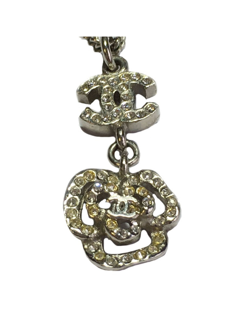 xxx Collier CHANEL en métal argenté et strass