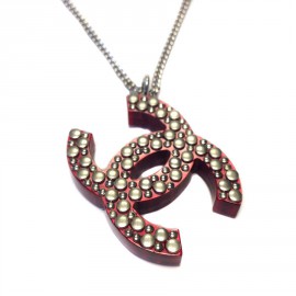 CHANEL necklace CC red plexi studded collar