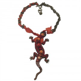 LANVIN salamander red rhinestones and brass chain necklace