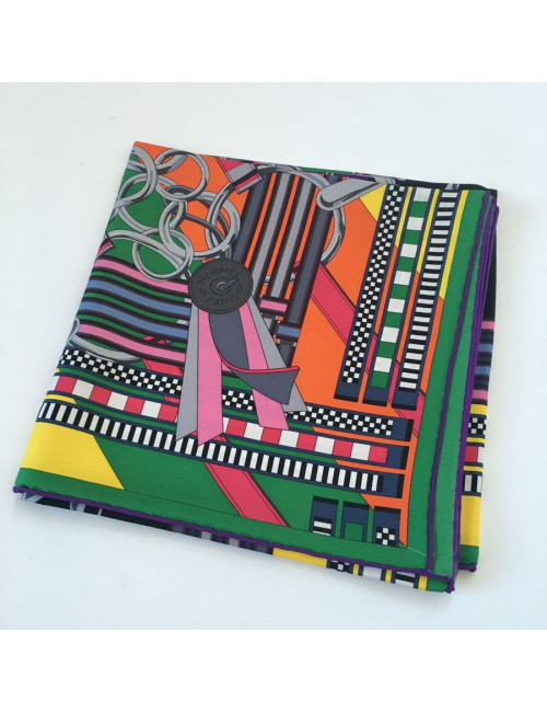 Square HERMES ""Flanges and gris-gris"in black, orange and bright yellow silk"