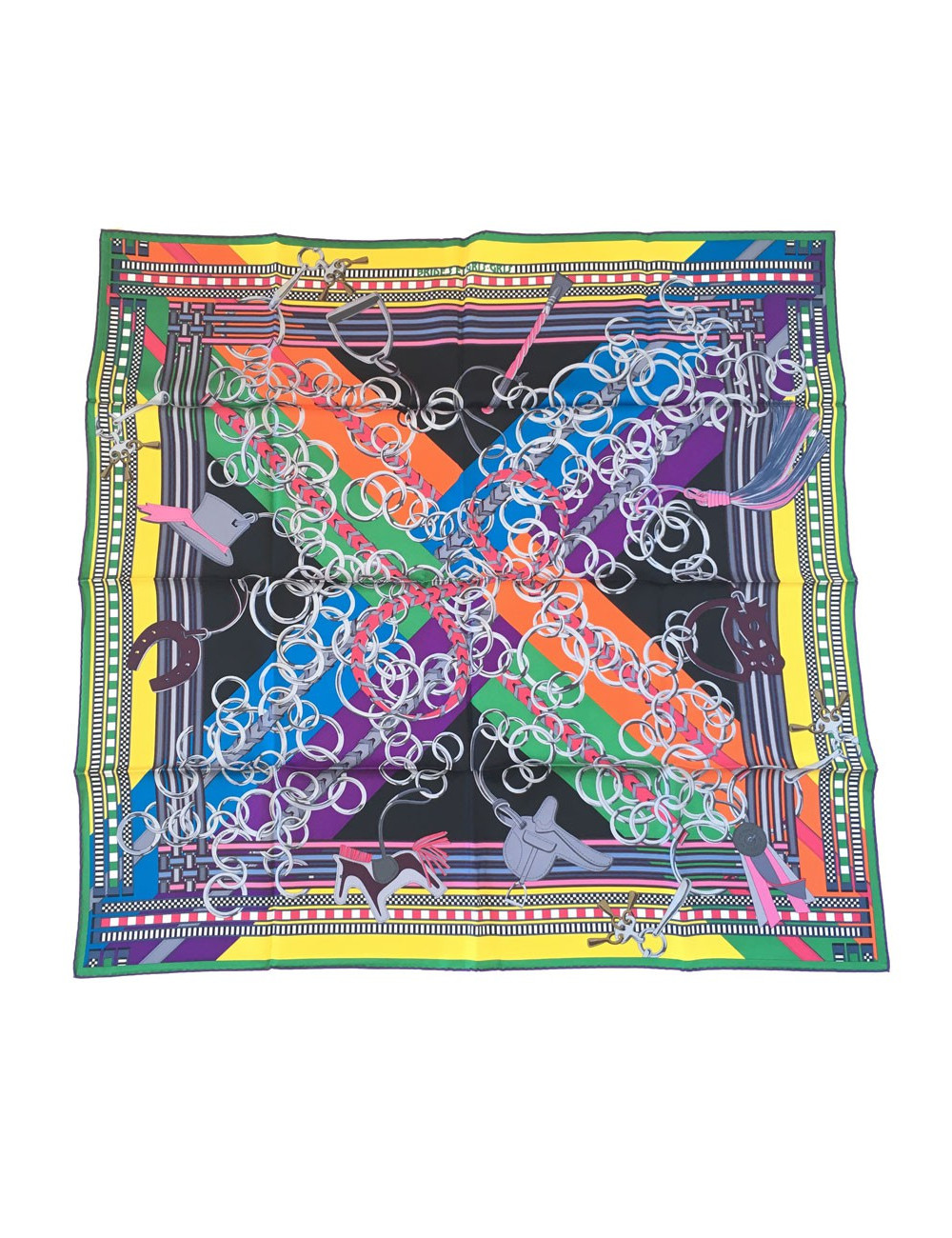 Square HERMES ""Flanges and gris-gris"in black, orange and bright yellow silk"