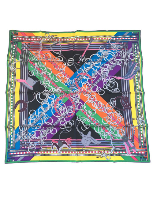 Square HERMES ""Flanges and gris-gris"in black, orange and bright yellow silk"