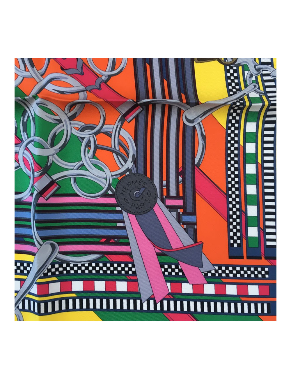 Square HERMES ""Flanges and gris-gris"in black, orange and bright yellow silk"