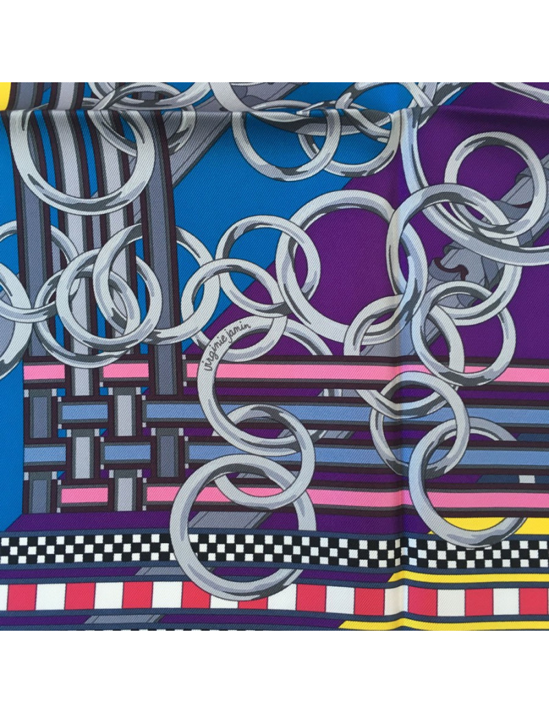 Carré HERMES ""Brides et gris-gris" en soie noir, orange et jaune vif