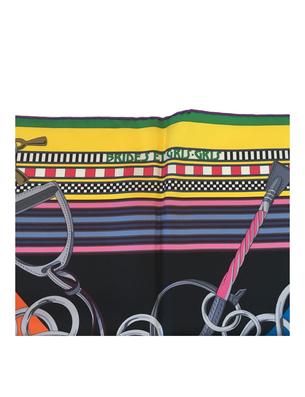 Square HERMES ""Flanges and gris-gris"in black, orange and bright yellow silk"