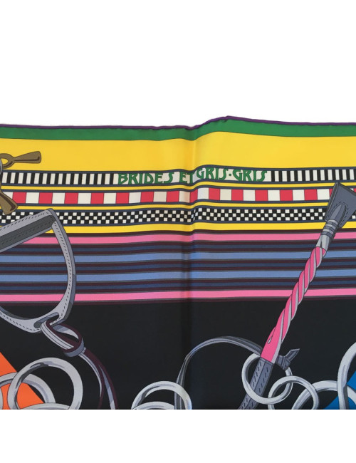 Square HERMES ""Flanges and gris-gris"in black, orange and bright yellow silk"