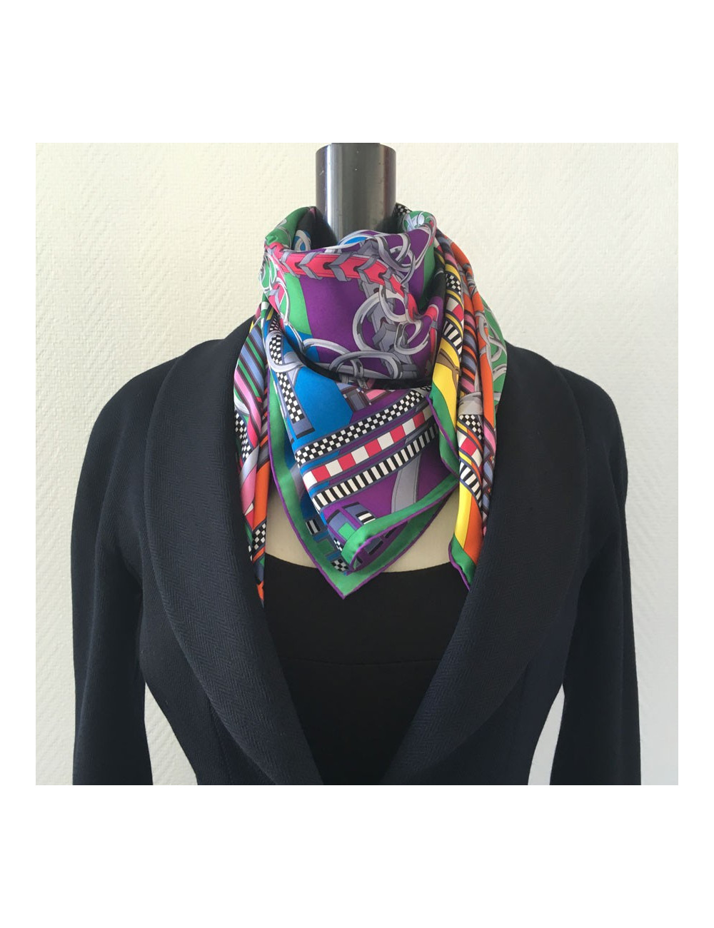 Square HERMES ""Flanges and gris-gris"in black, orange and bright yellow silk"