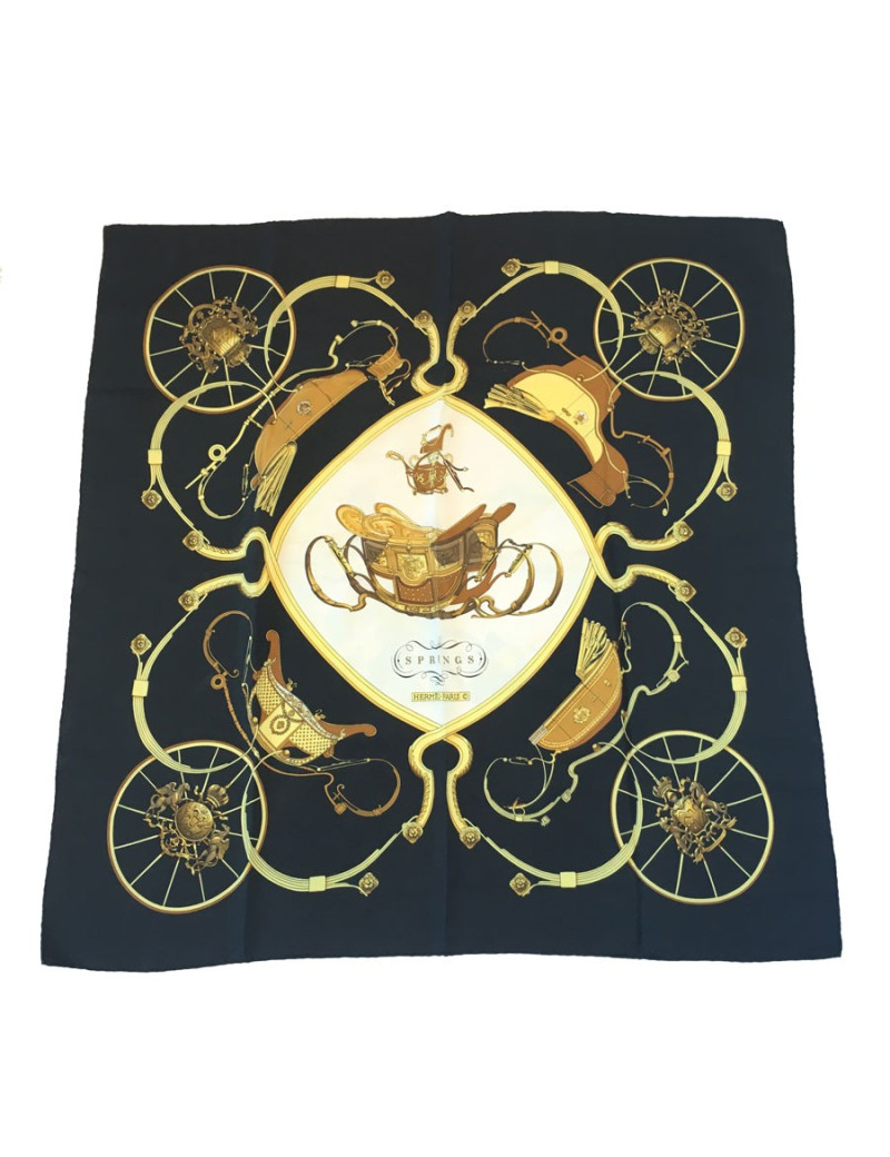 Carré HERMES "Springs" en soie noire et or
