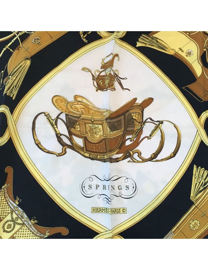 Carré HERMES "Springs" en soie noire et or
