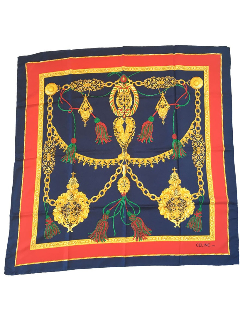 Carré CELINE en soie bleu, or et rouge