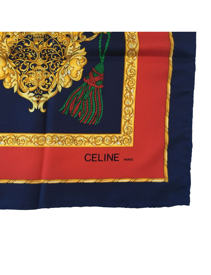 Carré CELINE en soie bleu, or et rouge