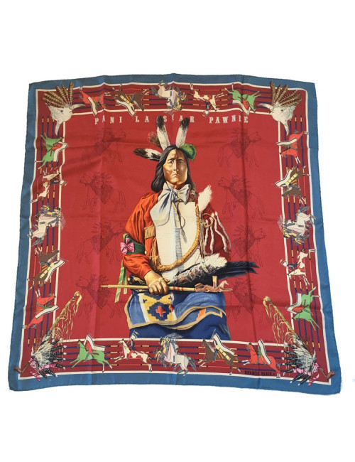 Carré HERMES "Pani Lashar Pawnee en soie rouge et fond multicolore