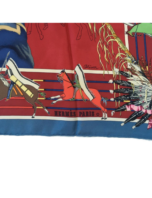 Carré HERMES "Pani Lashar Pawnee en soie rouge et fond multicolore