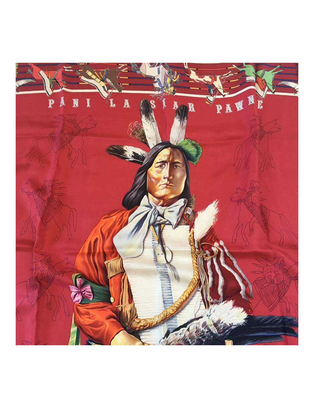 Carré HERMES "Pani Lashar Pawnee en soie rouge et fond multicolore