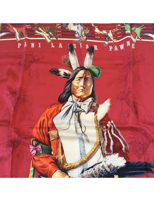 Carré HERMES "Pani Lashar Pawnee en soie rouge et fond multicolore