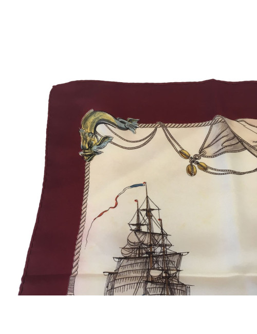 xxx Carré HERMES "Vaisseaux et Frégates" en soie ivoire et bordeaux
