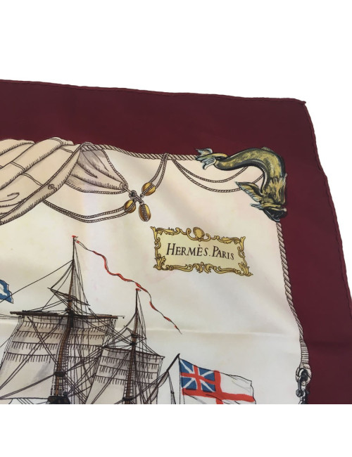 xxx Carré HERMES "Vaisseaux et Frégates" en soie ivoire et bordeaux