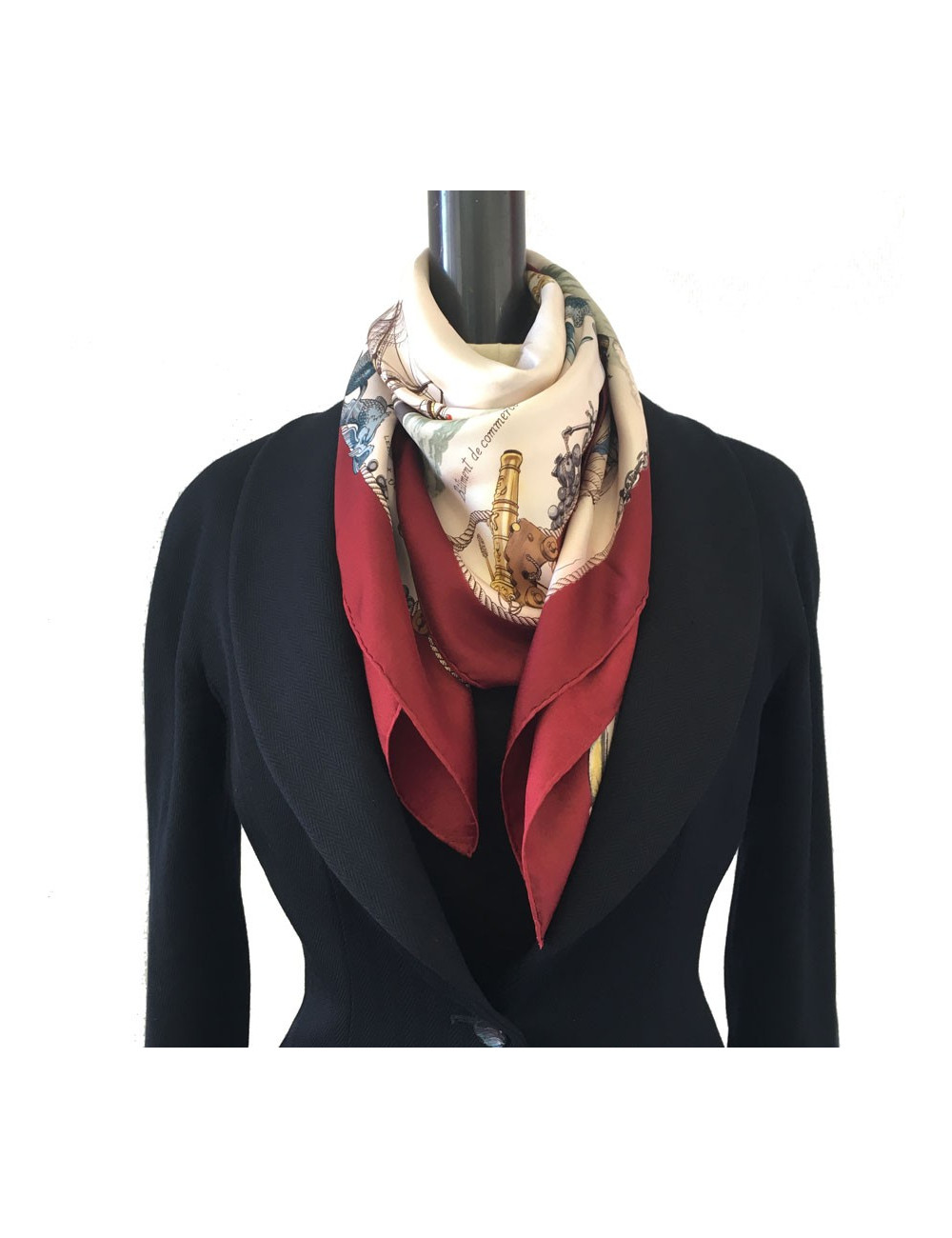 xxx Carré HERMES "Vaisseaux et Frégates" en soie ivoire et bordeaux