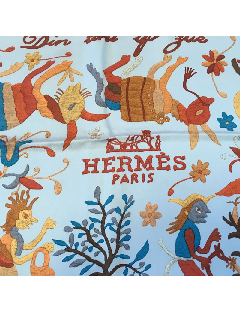 HERMES "Din tini ya sue" blue silk square scarf