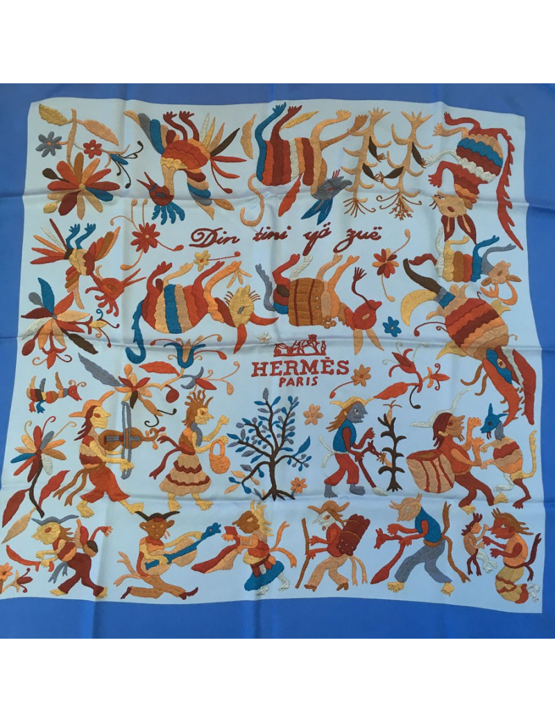 HERMES "Din tini ya sue" blue silk square scarf