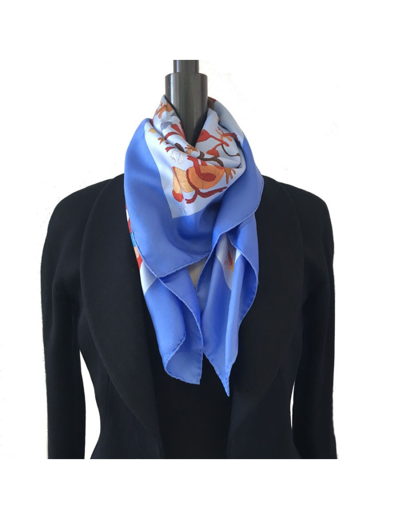 HERMES "Din tini ya sue" blue silk square scarf