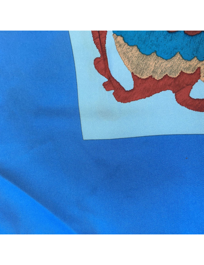 HERMES "Din tini ya sue" blue silk square scarf