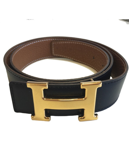 xxx Ceinture HERMES T 85 réversible en cuir box noir et cuir togo gold