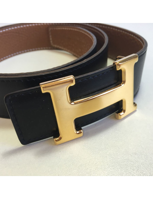 xxx Ceinture HERMES T 85 réversible en cuir box noir et cuir togo gold