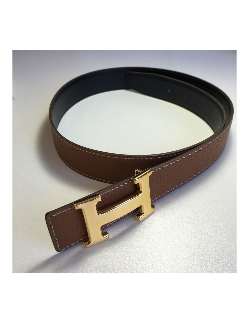 xxx Ceinture HERMES T 85 réversible en cuir box noir et cuir togo gold