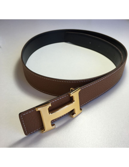 xxx Ceinture HERMES T 85 réversible en cuir box noir et cuir togo gold
